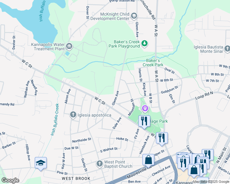 map of restaurants, bars, coffee shops, grocery stores, and more near 301 Glenn Avenue in Kannapolis