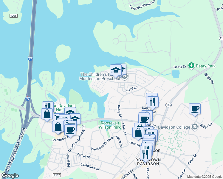 map of restaurants, bars, coffee shops, grocery stores, and more near 900 Lakeview Avenue in Davidson
