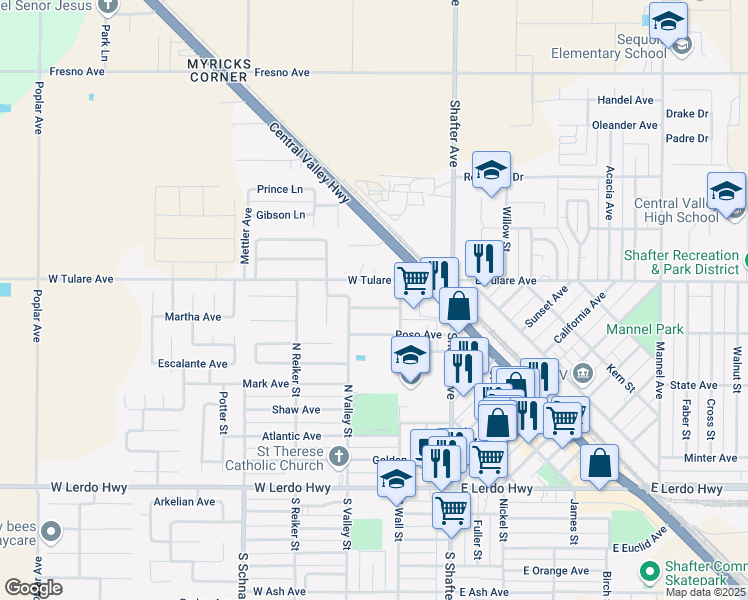 map of restaurants, bars, coffee shops, grocery stores, and more near 210 Colvard Street in Shafter
