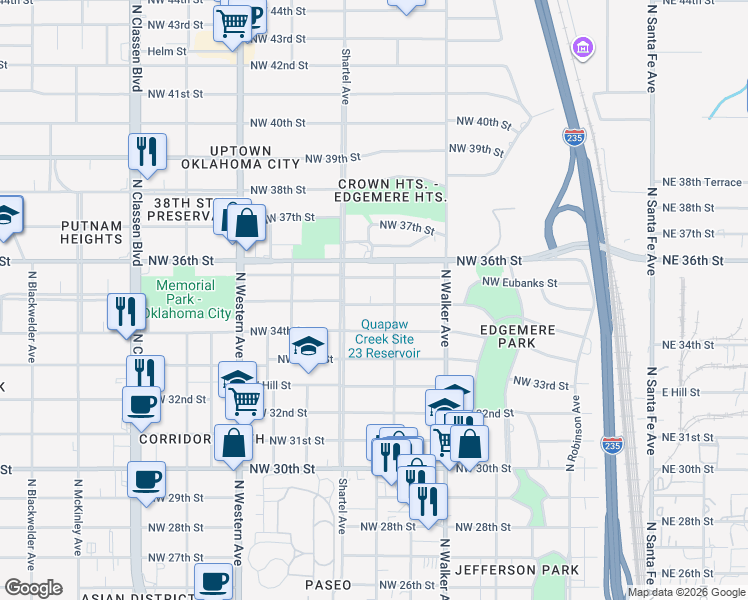 map of restaurants, bars, coffee shops, grocery stores, and more near 615 Northwest 35th Street in Oklahoma City