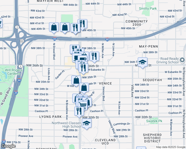 map of restaurants, bars, coffee shops, grocery stores, and more near 2743 Northwest 35th Street in Oklahoma City