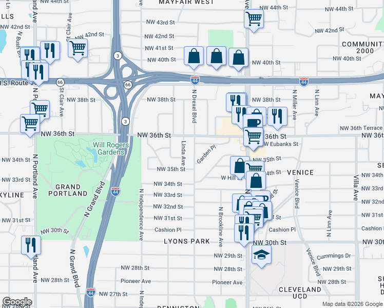 map of restaurants, bars, coffee shops, grocery stores, and more near 3617 North Drexel Boulevard in Oklahoma City