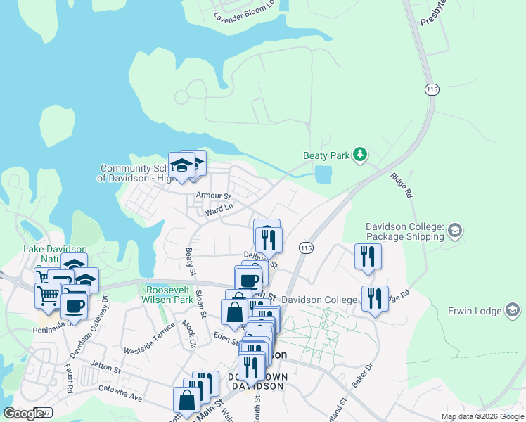 map of restaurants, bars, coffee shops, grocery stores, and more near 617 Watson Street in Davidson