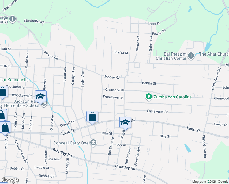 map of restaurants, bars, coffee shops, grocery stores, and more near 1910 Glenwood Street in Kannapolis