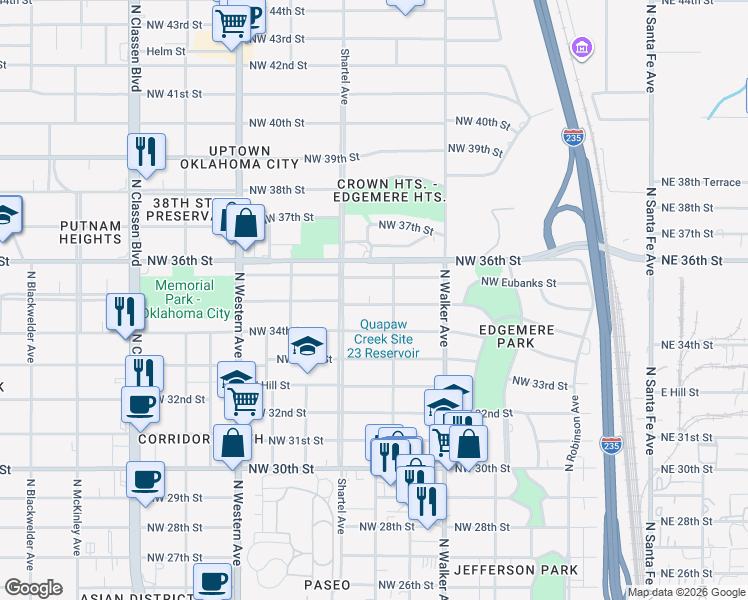 map of restaurants, bars, coffee shops, grocery stores, and more near 615 Northwest 35th Street in Oklahoma City