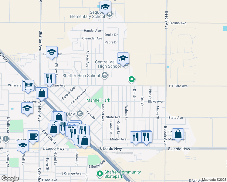 map of restaurants, bars, coffee shops, grocery stores, and more near 444 Faber Street in Shafter