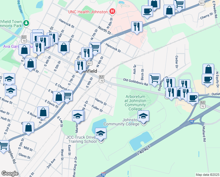 map of restaurants, bars, coffee shops, grocery stores, and more near 1110 Fayetteville Street in Smithfield
