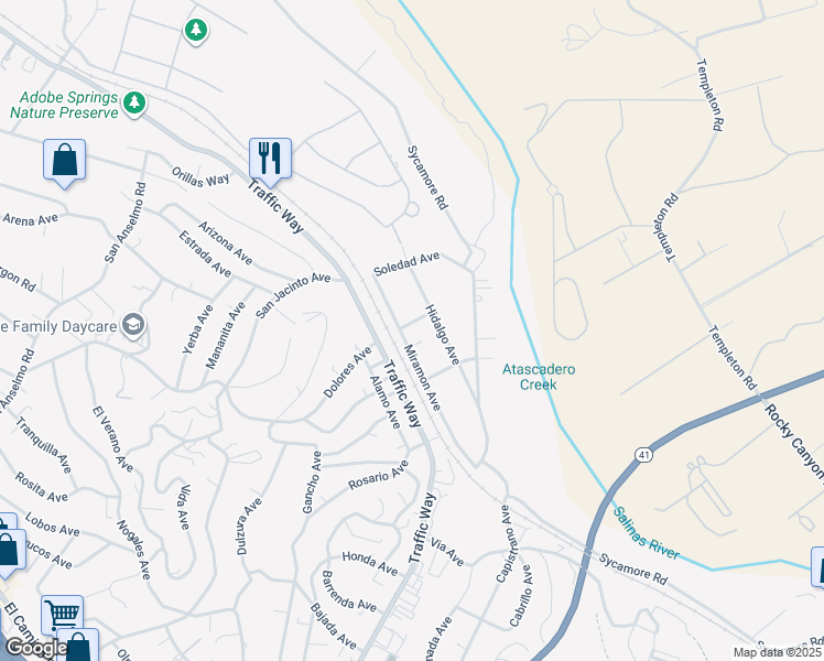 map of restaurants, bars, coffee shops, grocery stores, and more near 4705 Miramon Avenue in Atascadero