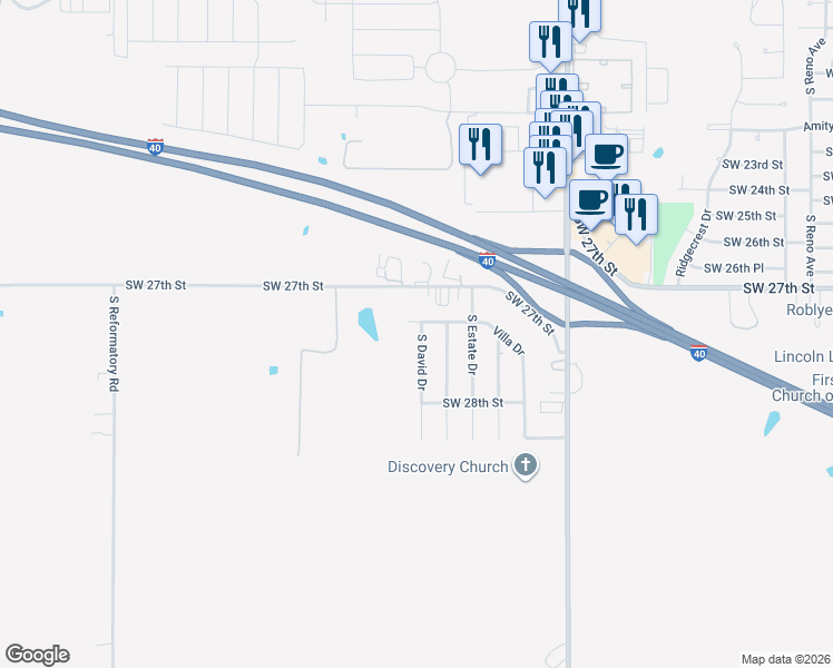 map of restaurants, bars, coffee shops, grocery stores, and more near 2708 South David Drive in El Reno