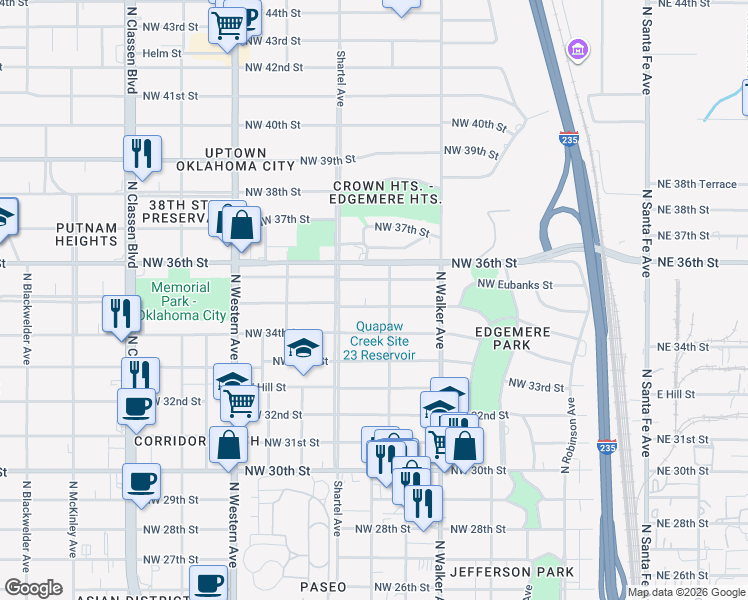 map of restaurants, bars, coffee shops, grocery stores, and more near 615 Northwest 35th Street in Oklahoma City