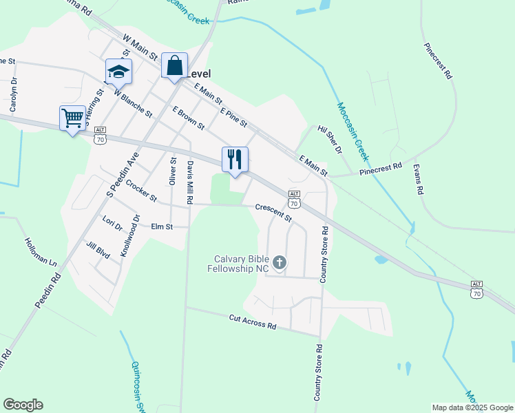 map of restaurants, bars, coffee shops, grocery stores, and more near Crescent Street in Pine Level