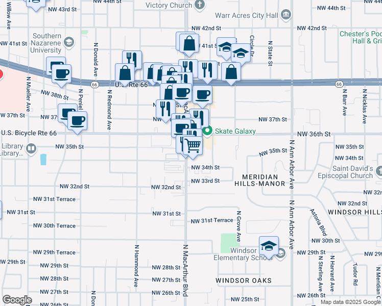 map of restaurants, bars, coffee shops, grocery stores, and more near 3528 North Macarthur Boulevard in Oklahoma City