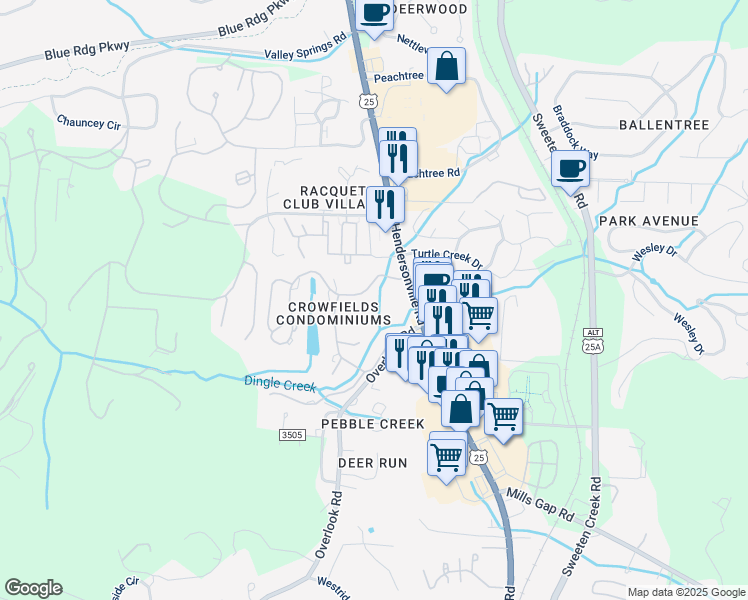 map of restaurants, bars, coffee shops, grocery stores, and more near 201 Crowfields Dr in Asheville