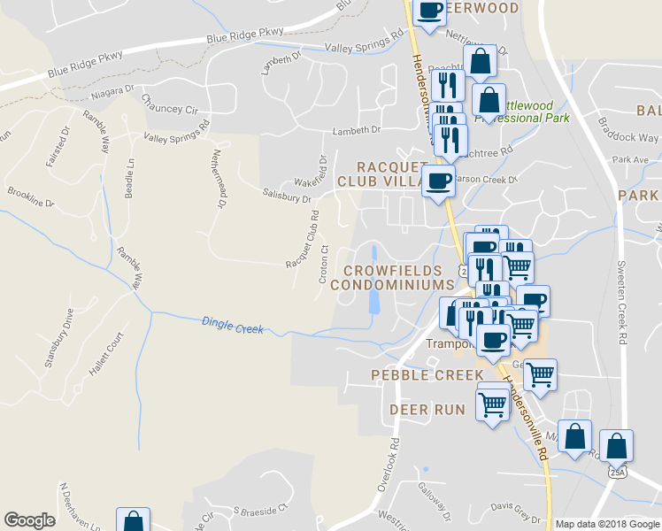 map of restaurants, bars, coffee shops, grocery stores, and more near 454 Crowfields Drive in Asheville