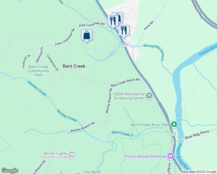 map of restaurants, bars, coffee shops, grocery stores, and more near 234 Bent Creek Ranch Road in Asheville