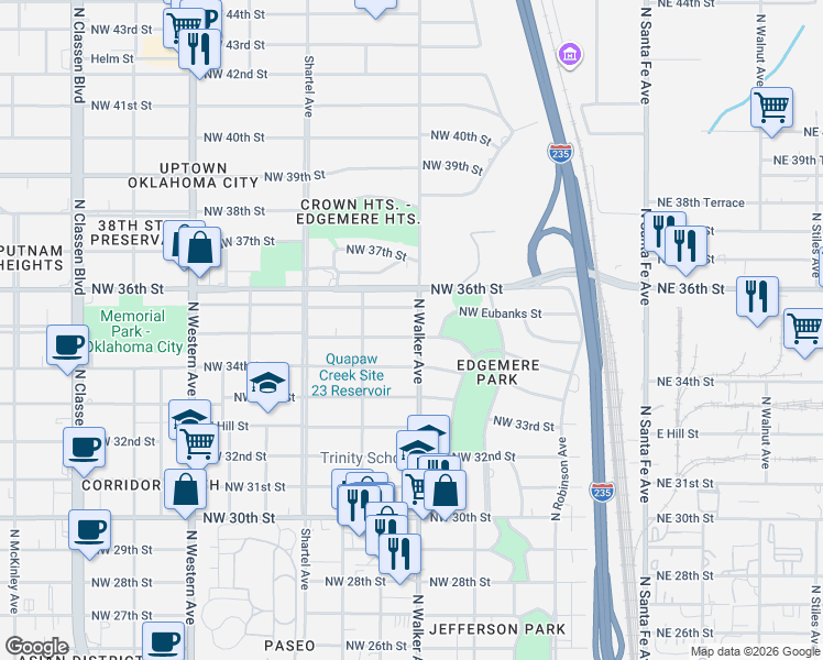 map of restaurants, bars, coffee shops, grocery stores, and more near 445 Northwest 35th Street in Oklahoma City