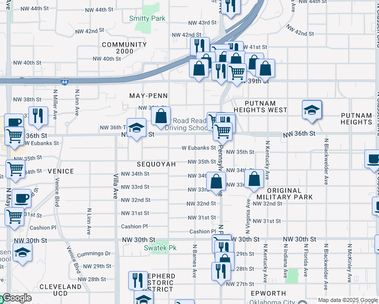 map of restaurants, bars, coffee shops, grocery stores, and more near 2220 West Eubanks Street in Oklahoma City