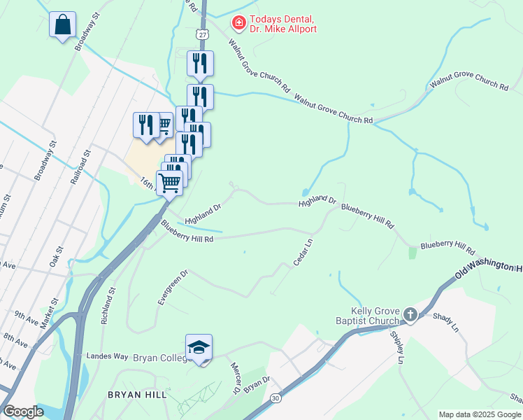 map of restaurants, bars, coffee shops, grocery stores, and more near 498 Highland Dr in Dayton