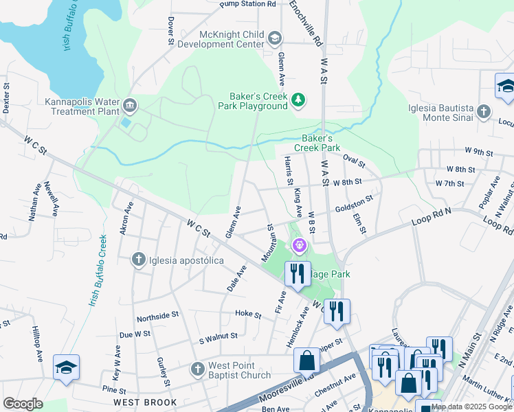 map of restaurants, bars, coffee shops, grocery stores, and more near Callie Street in Kannapolis
