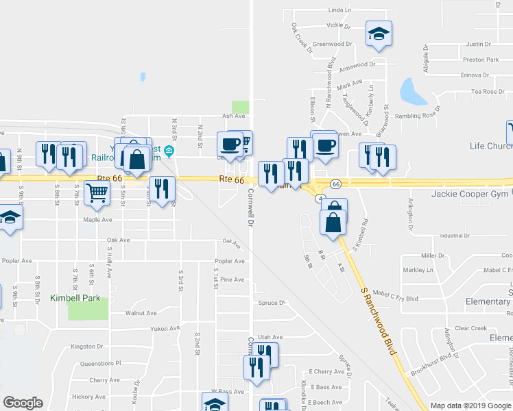 map of restaurants, bars, coffee shops, grocery stores, and more near 106 Cornwell Drive in Yukon