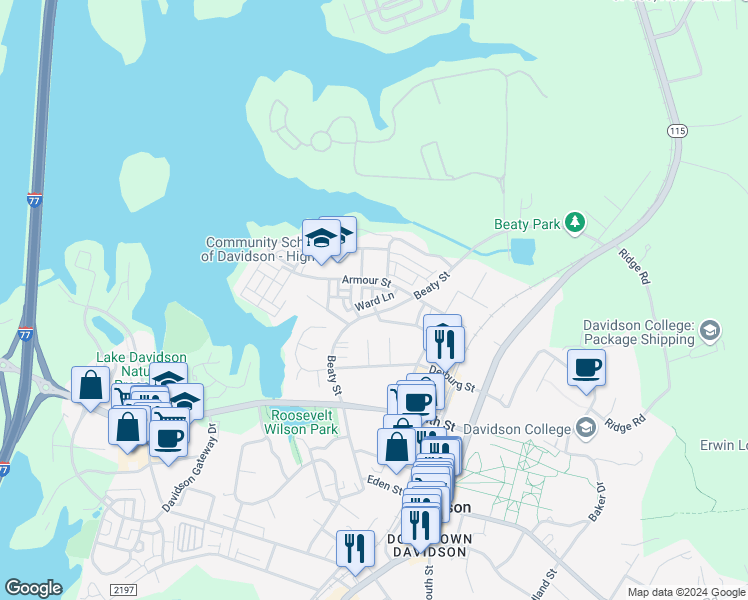 map of restaurants, bars, coffee shops, grocery stores, and more near 601 Ward Lane in Davidson