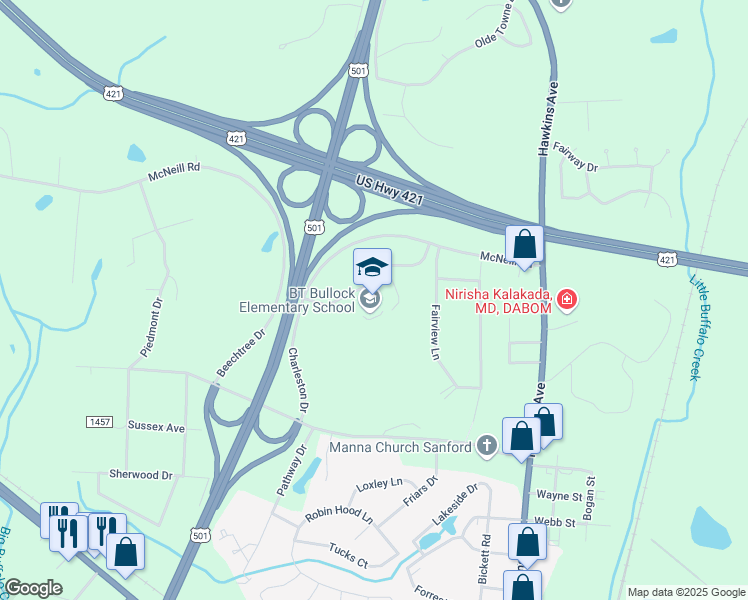map of restaurants, bars, coffee shops, grocery stores, and more near 1410 McNeill Road in Sanford