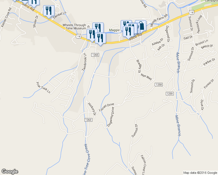 map of restaurants, bars, coffee shops, grocery stores, and more near 193 Hemlock Springs Road in Maggie Valley