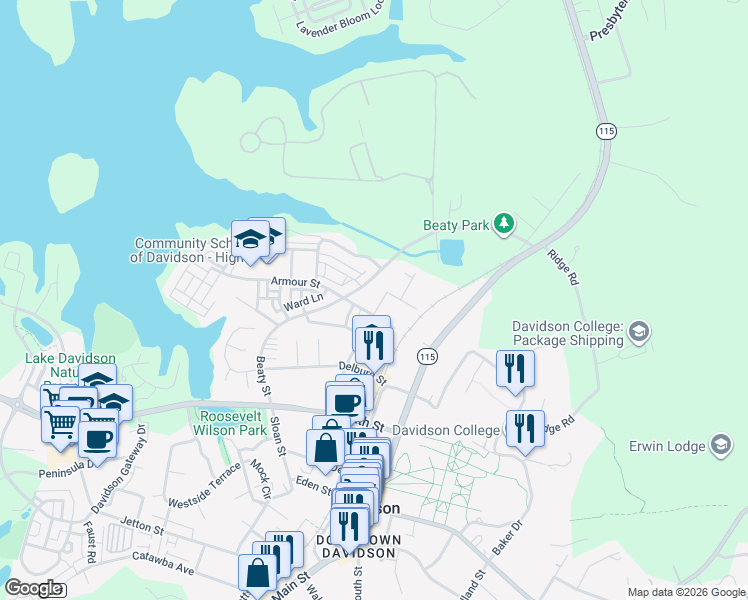 map of restaurants, bars, coffee shops, grocery stores, and more near 617 Watson Street in Davidson