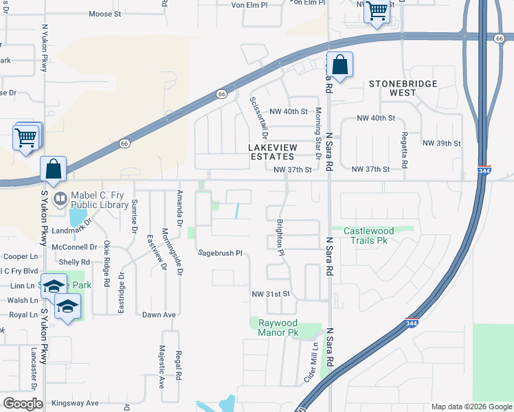 map of restaurants, bars, coffee shops, grocery stores, and more near 3600 Pistache Lane in Yukon