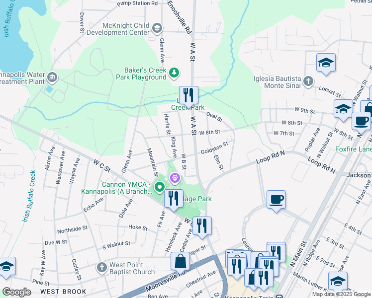 map of restaurants, bars, coffee shops, grocery stores, and more near 904 West B Street in Kannapolis