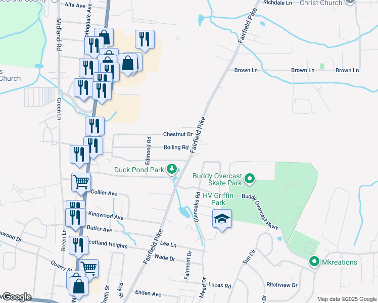 map of restaurants, bars, coffee shops, grocery stores, and more near 1403 Fairfield Pike in Shelbyville