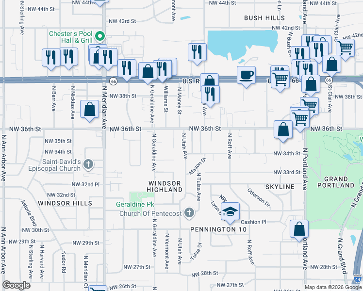 map of restaurants, bars, coffee shops, grocery stores, and more near 3511 North Utah Avenue in Oklahoma City