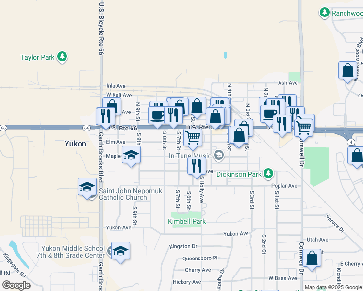 map of restaurants, bars, coffee shops, grocery stores, and more near 624 Elm Avenue in Yukon