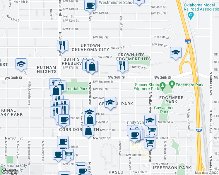map of restaurants, bars, coffee shops, grocery stores, and more near 833 Northwest 35th Street in Oklahoma City