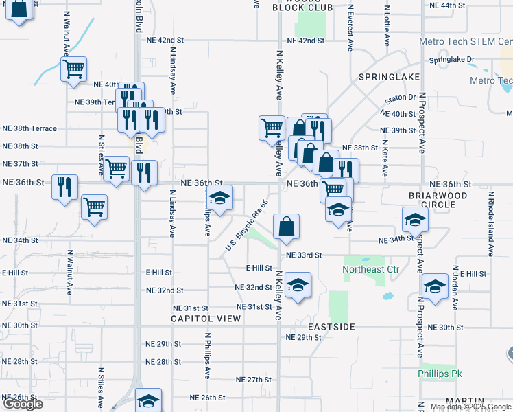 map of restaurants, bars, coffee shops, grocery stores, and more near 3611 Springlake Drive in Oklahoma City