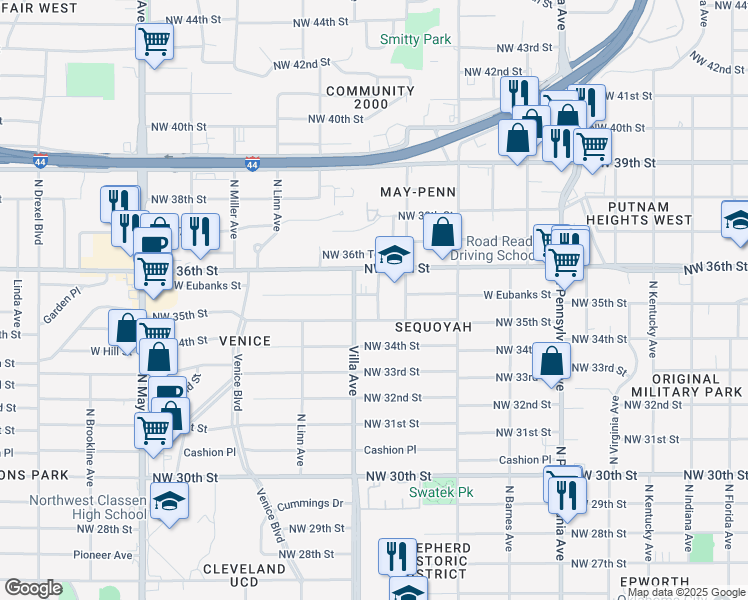 map of restaurants, bars, coffee shops, grocery stores, and more near 2428 West Eubanks Street in Oklahoma City