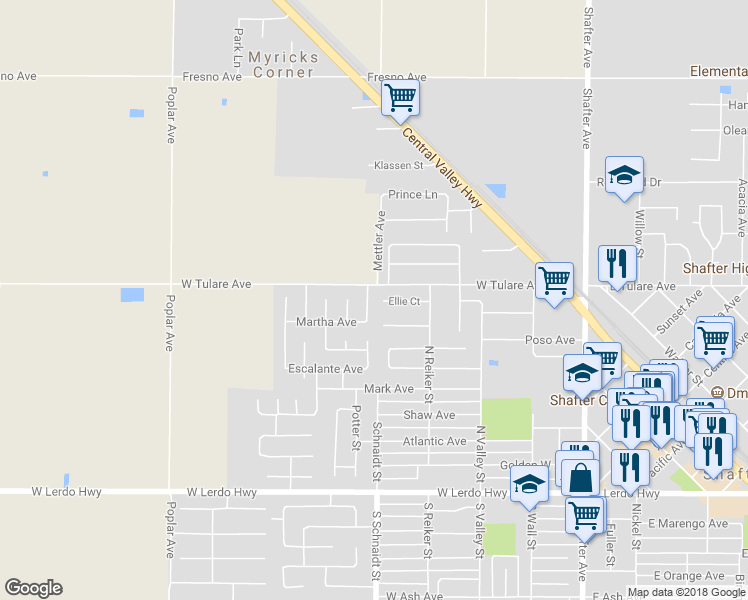 map of restaurants, bars, coffee shops, grocery stores, and more near 486 Enns Road in Shafter