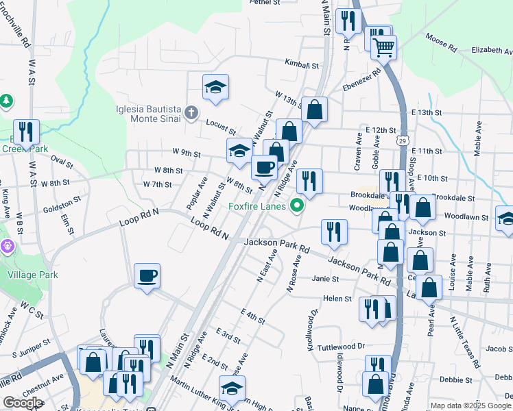 map of restaurants, bars, coffee shops, grocery stores, and more near 620 South Main Street in Kannapolis