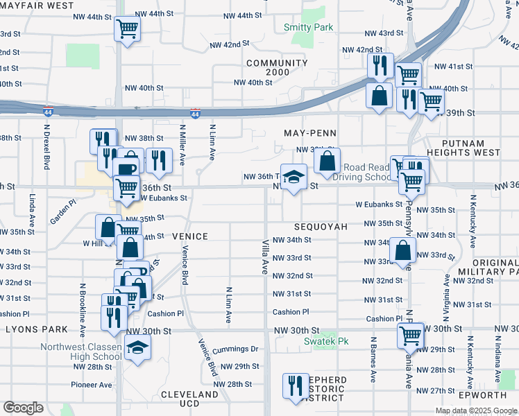 map of restaurants, bars, coffee shops, grocery stores, and more near 2504 West Eubanks Street in Oklahoma City