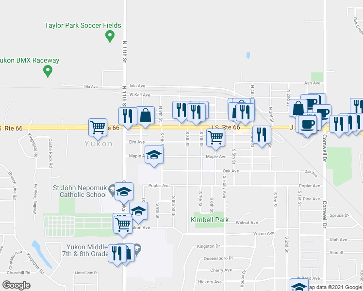 map of restaurants, bars, coffee shops, grocery stores, and more near 812 Elm Avenue in Yukon