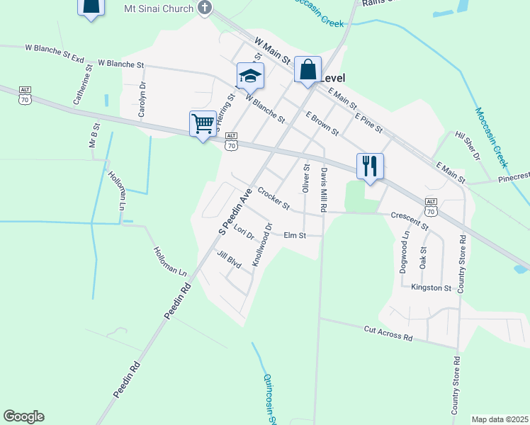 map of restaurants, bars, coffee shops, grocery stores, and more near 108 Knollwood Drive in Selma