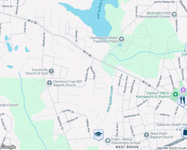 map of restaurants, bars, coffee shops, grocery stores, and more near 114 Newell Avenue in Kannapolis