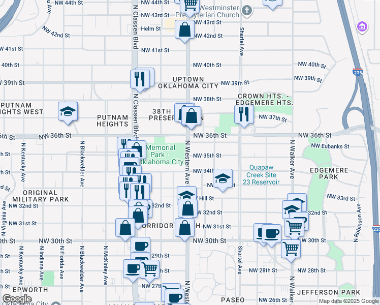 map of restaurants, bars, coffee shops, grocery stores, and more near 1035 Northwest 35th Street in Oklahoma City