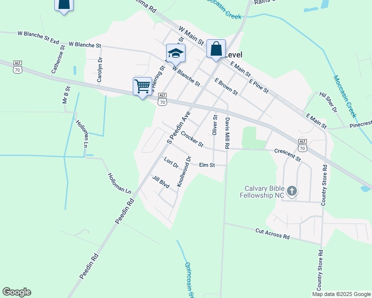 map of restaurants, bars, coffee shops, grocery stores, and more near 108 Knollwood Drive in Selma