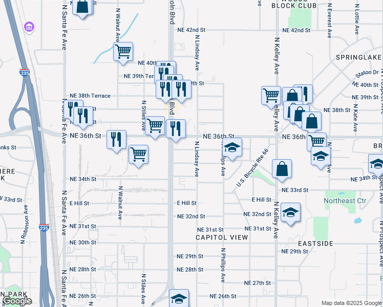 map of restaurants, bars, coffee shops, grocery stores, and more near 636 E Eubanks St in Oklahoma City