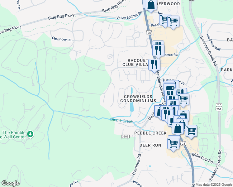 map of restaurants, bars, coffee shops, grocery stores, and more near 454 Crowfields Drive in Asheville