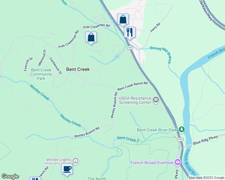 map of restaurants, bars, coffee shops, grocery stores, and more near 234 Bent Creek Ranch Road in Asheville