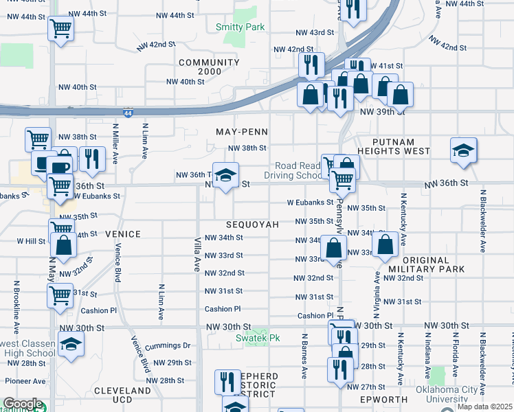 map of restaurants, bars, coffee shops, grocery stores, and more near 2318 West Eubanks Street in Oklahoma City