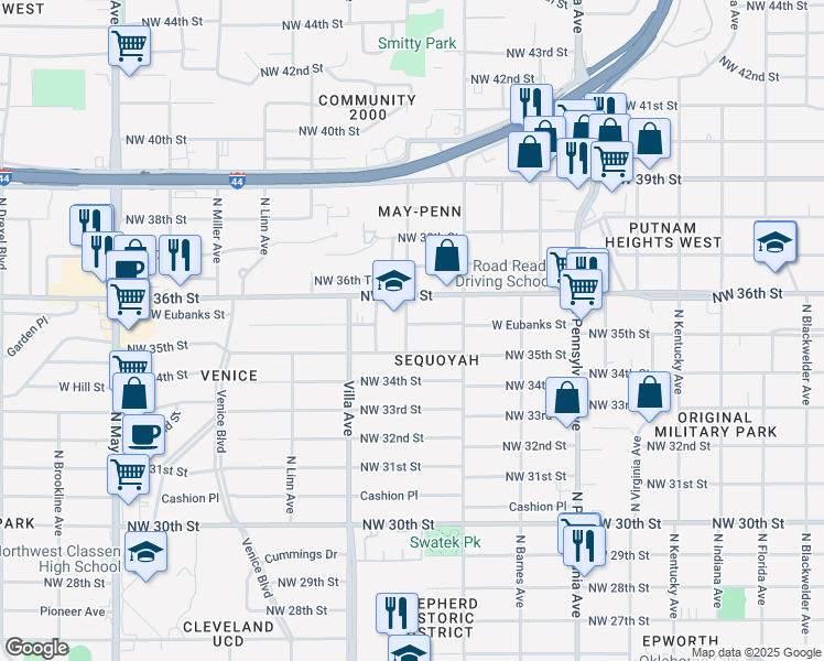 map of restaurants, bars, coffee shops, grocery stores, and more near 3620 Altadena Ave in Oklahoma City