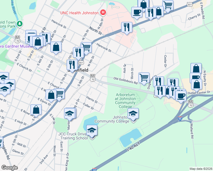 map of restaurants, bars, coffee shops, grocery stores, and more near 1208 East Market Street in Smithfield